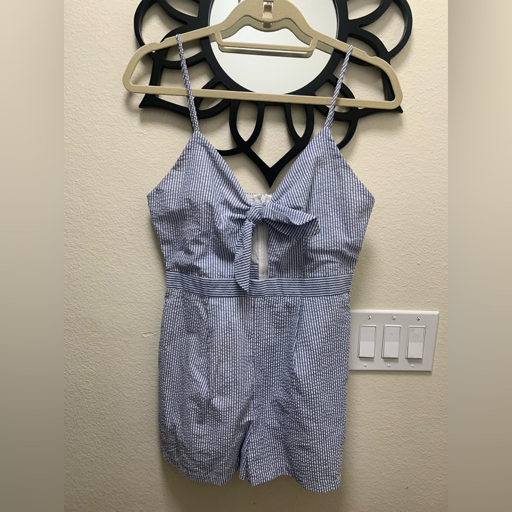 Blue stripped romper with tie front detail